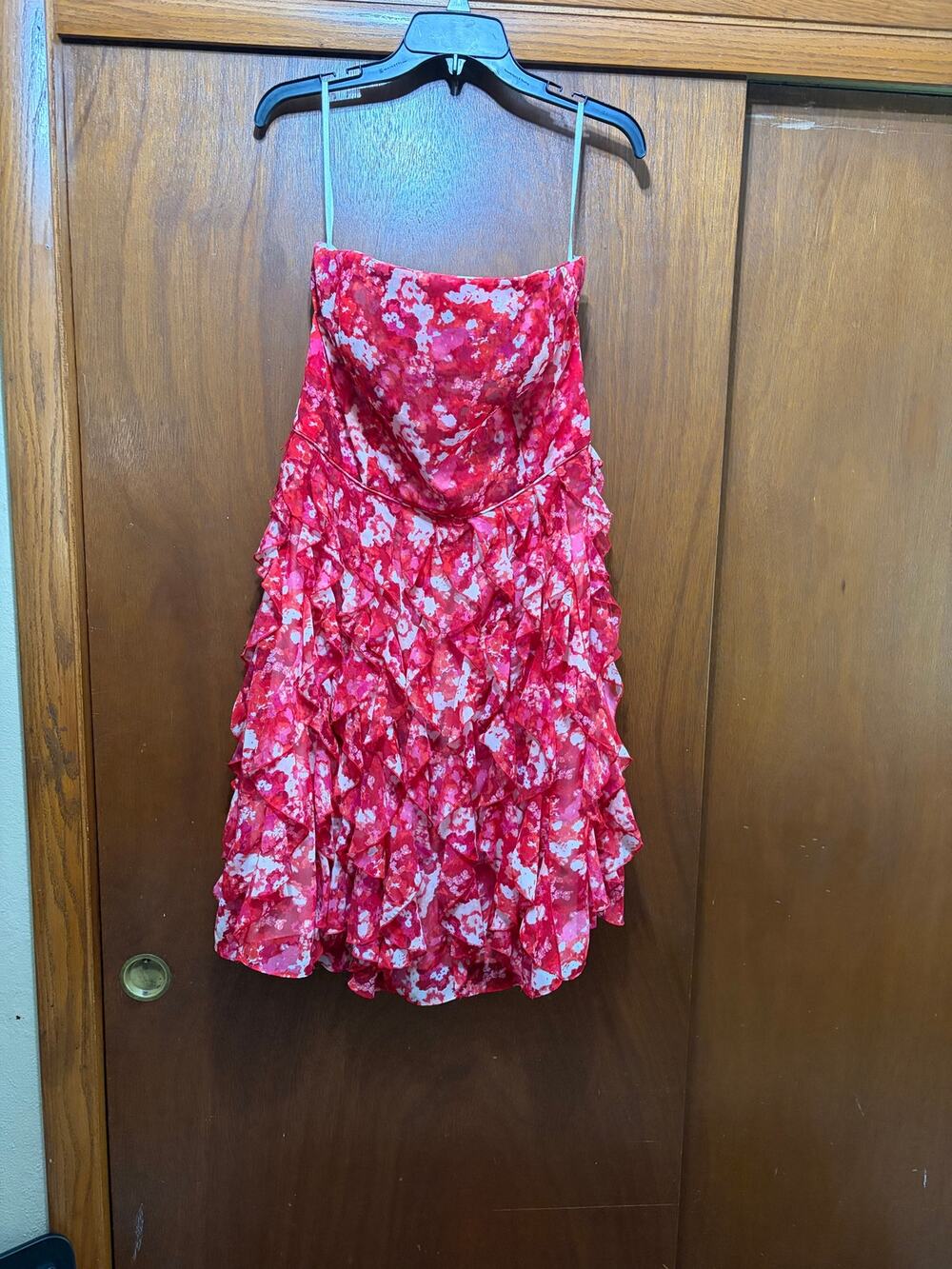 White House Black Market Strapless Ruffle Dress Pink Floral Size 14 Cocktail